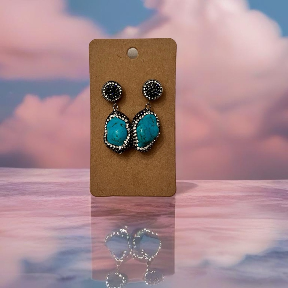 Black / Turquoise Chunky Drop Earrings with Crystal Accents